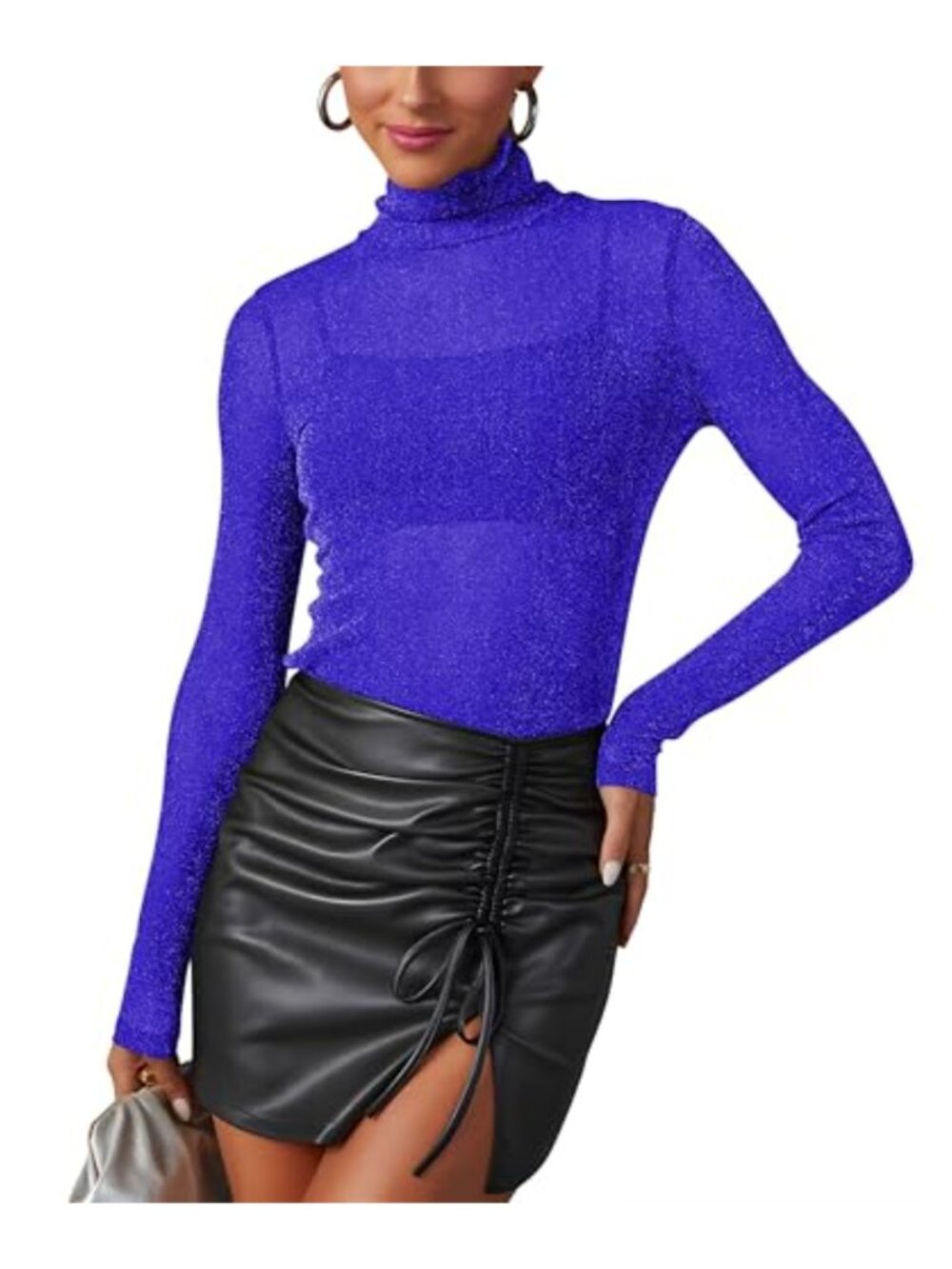 Sheer Mesh Glitter Turtleneck Long Sleeve Layering Top Shirt